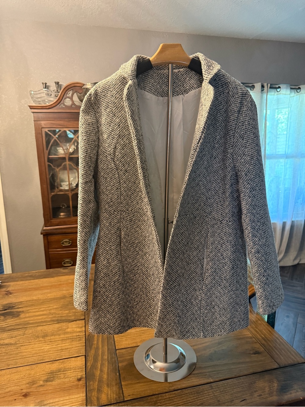 Women's Gray Herringbone Pea Coat with Hood
